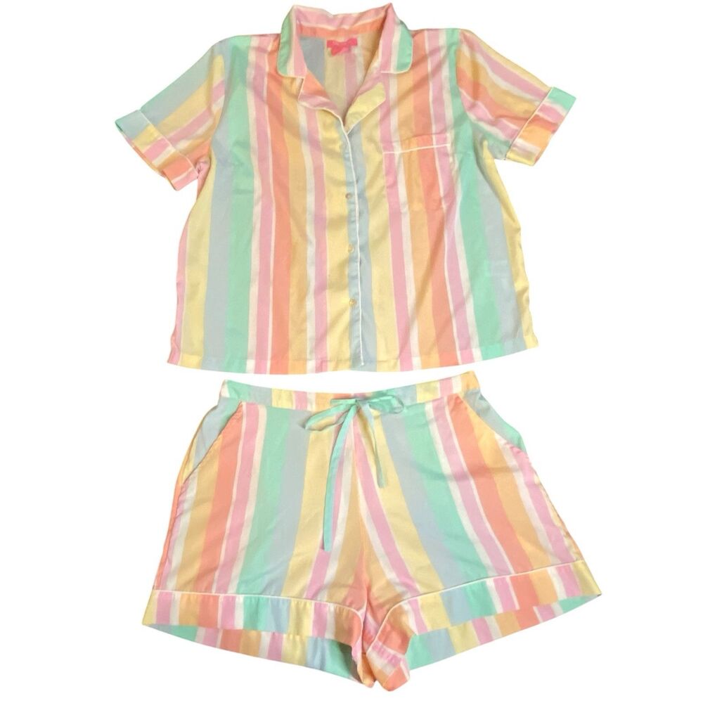 Isaac Mizrahi Pastel Striped Silky Short Sleeve Shorts Pajama Set Women’s Size M